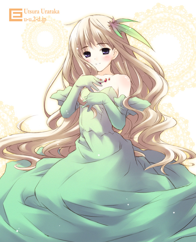 blonde_hair blush dress elbow_gloves eretto gloves jewelry long_hair necklace princess_dress smile violet_eyes