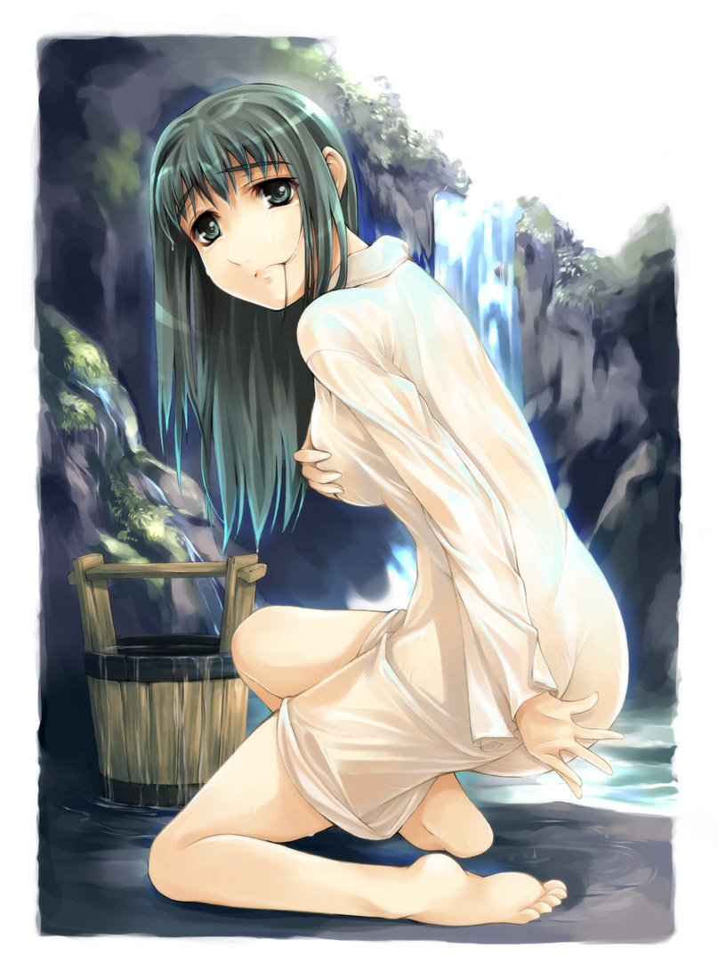 1girl barefoot breast_grab breast_hold breasts bucket covering feet from_behind grabbing green_eyes green_hair hair_in_mouth long_hair looking_back one_knee original outdoors see-through simosi soles solo toes walpurgisnacht water waterfall wet wet_clothes