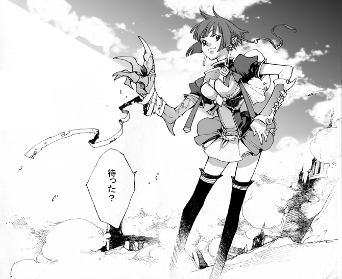 1girl breasts clouds contrapposto day floating_hair large_breasts leaning_forward looking_at_viewer monochrome original outdoors pleated_skirt pointy_ears ponytail puffy_short_sleeves puffy_sleeves short_hair short_sleeves skirt sky smile solo speech_bubble standing talking text thigh-highs translation_request wind zettai_ryouiki