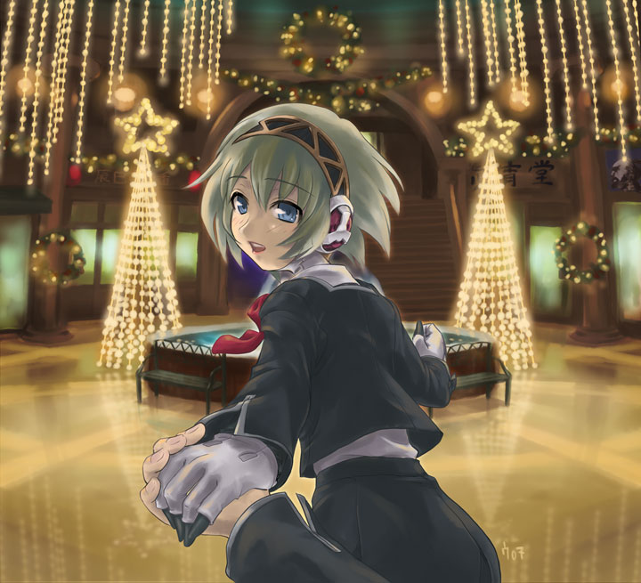 aegis aegis_(persona) android atlus blonde_hair blue_eyes bow christmas gloves hand_holding headband headphones open_mouth persona persona_3 ribbon school_uniform serafuku short_hair smile ugai_yuichi