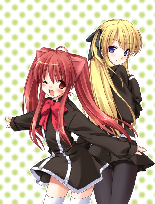 2girls ;d ahoge aloe aloe_(quiz_magic_academy) animal_ears back-to-back bangs black_legwear blonde_hair blue_eyes bow bowtie brown_eyes cat_ears dress hair_ribbon hand_on_own_chest inase_shin'ya long_hair long_sleeves looking_at_viewer looking_back multiple_girls one_eye_closed open_mouth outstretched_arms pantyhose polka_dot polka_dot_background quiz_magic_academy redhead ribbon school_uniform shalon smile spread_arms thigh-highs twintails white_legwear
