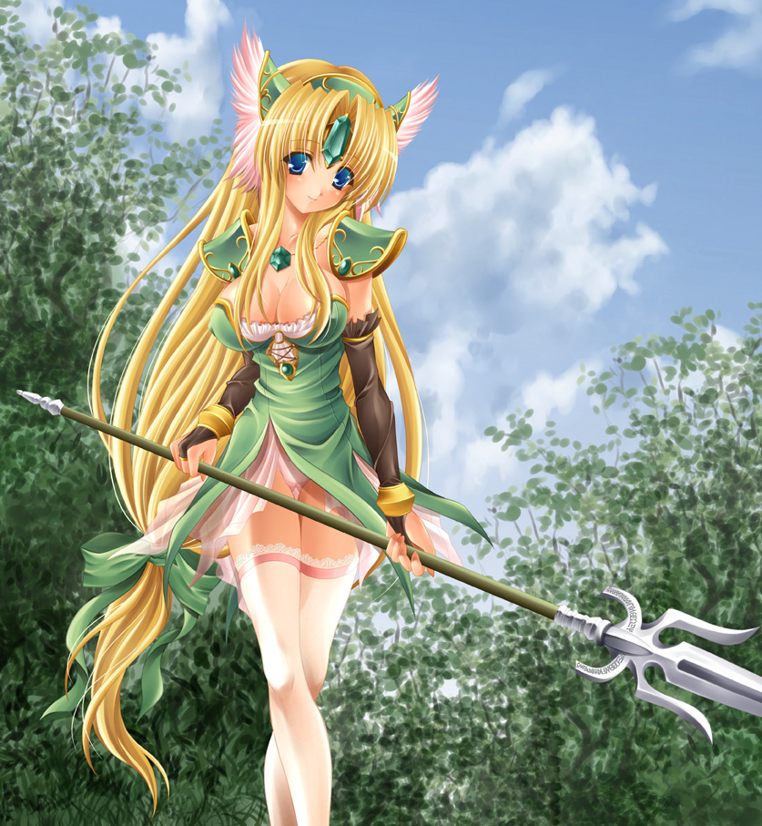 1girl blonde_hair blue_eyes breasts cleavage clouds elbow_gloves erect_nipples gloves head_wings helmet jewelry lace lace-trimmed_thighhighs legs_crossed liese long_hair low-tied_long_hair medium_breasts nature necklace panties pantyshot pink_legwear polearm ribbon riesz seiken_densetsu seiken_densetsu_3 shujin smile solo spear thigh-highs tied_hair underwear weapon white_panties winged_helmet zettai_ryouiki