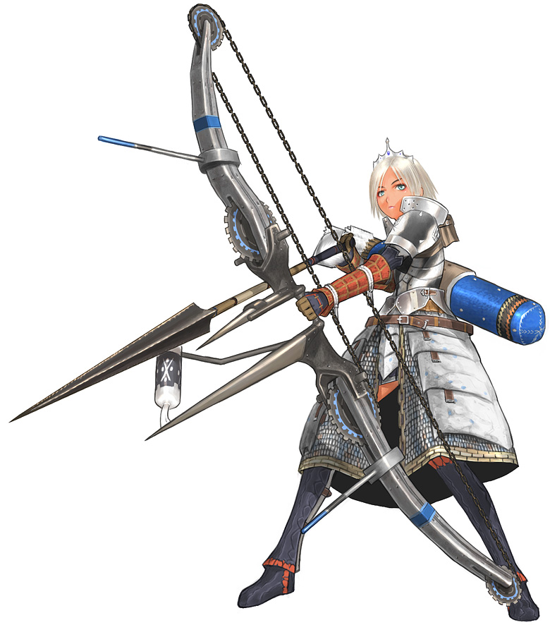 1girl archery armor arrow blue_eyes bow_(weapon) capcom chains character_request crown fantasy gloves hat huge_weapon monster_hunter monster_hunter_g sakamoto_himeji sakamoto_mineji short_hair simple_background solo weapon white_background white_hair