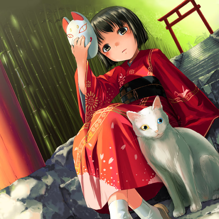 1girl cat fox_mask heterochromia japanese_clothes kimono mask sody solo torii