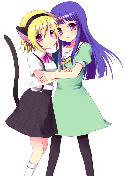 2girls animal_ears blonde_hair cat_ears cat_tail cosplay costume_switch furude_rika green_skirt higurashi_no_naku_koro_ni houjou_satoko mei multiple_girls pantyhose skirt subaru_(yachika) suspenders tail