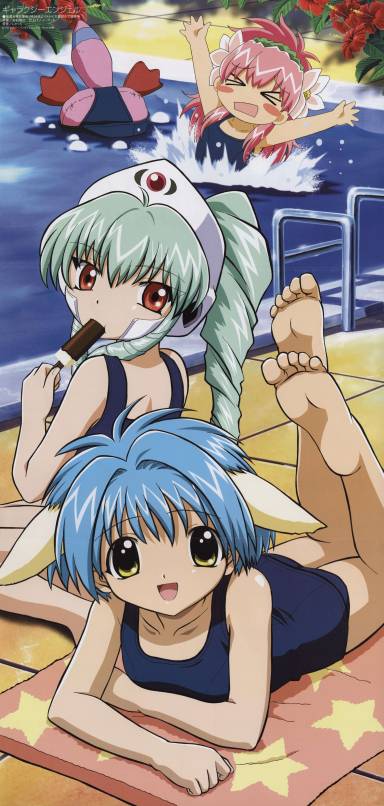 &gt;_&lt; 00s 3girls arms_up asphyxiation barefoot blue_hair blush_stickers broccoli_(company) closed_eyes drowning feet flailing galaxy_angel legs_up long_image looking_at_viewer lying milfeulle_sakuraba mint_blancmanche multiple_girls normad on_stomach one-piece_swimsuit outstretched_arms pink_hair pool pool_ladder poolside school_swimsuit short_hair sitting soles swimsuit tall_image the_pose toes towel vanilla_h wariza