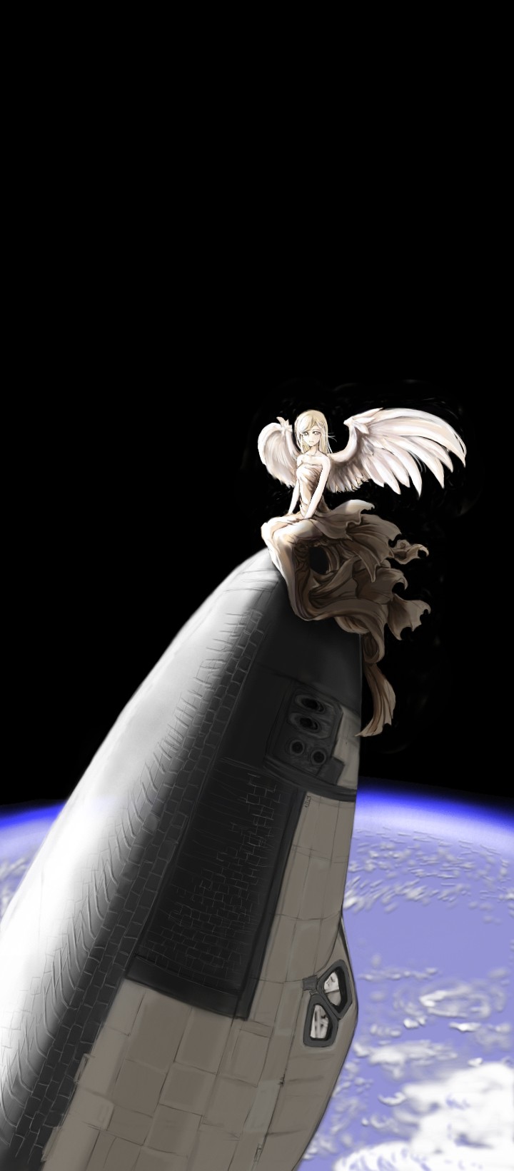 1girl amano_takumi angel blue_hair boots cape clouds earth highres hoshino_ruri kidou_senkan_nadesico long_hair long_image pantyhose planet skirt solo space space_craft space_shuttle tall_image twintails wings yomi_(indigoriver)