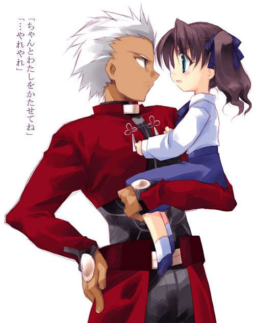 1boy 1girl angry archer artoria_pendragon_(all) artoria_pendragon_(all)_(cosplay) brown_hair child dark_skin dark_skinned_male fate/stay_night fate/zero fate_(series) green_eyes minazuki_haruka saber saber_(cosplay) short_hair size_difference tohsaka_rin twintails white_hair younger