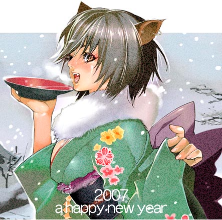 00s 2007 alcohol animal_ears cat_ears inkey japanese_clothes kimono lowres new_year sake snow snowing