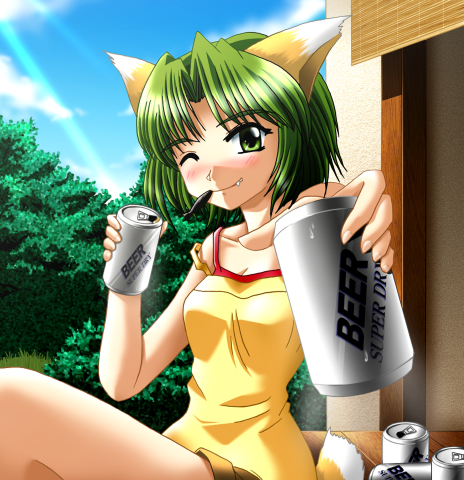 alcohol animal_ears beer can cat_ears fang green_eyes green_hair lowres sky smile wink