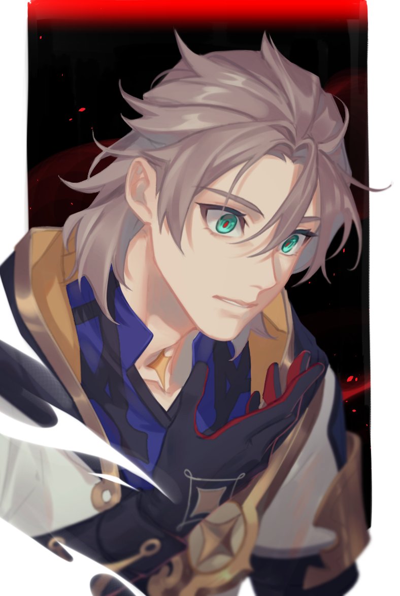 1boy albedo_(genshin_impact) bangs blue_eyes blue_shirt english_commentary genshin_impact gloves grey_hair hair_between_eyes jacket k_young03 male_focus parted_lips scar scar_on_neck shirt short_sleeves solo upper_body