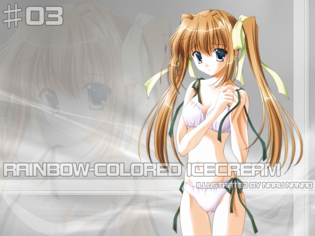 bikini blue_eyes brown_hair hair_ribbon nanao_naru ribbon string_bikini swimsuit twintails wallpaper