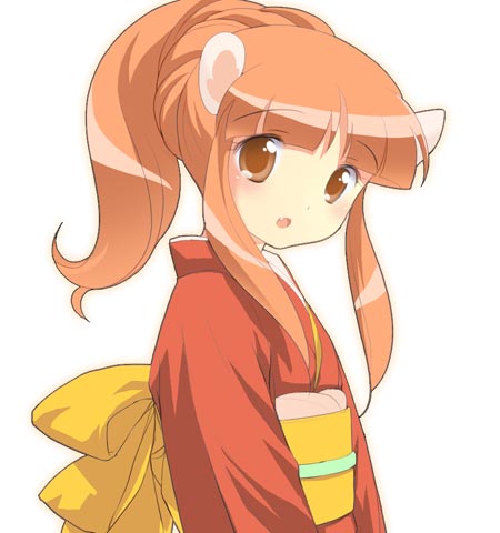 1girl blush eyebrows eyebrows_visible_through_hair fang female fushigiboshi_no_futago_hime japanese_clothes kimono leonne lowres open_mouth orange_eyes orange_hair solo ueda_yuu