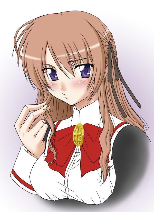 1girl blue_eyes blush bow bowtie breasts brown_hair grey_background hair_ribbon half_updo itsukushima_takako large_breasts long_hair long_sleeves looking_at_viewer misnon_the_great otome_wa_boku_ni_koishiteru portrait red_bow red_bowtie ribbon simple_background sleeve_cuffs solo upper_body violet_eyes