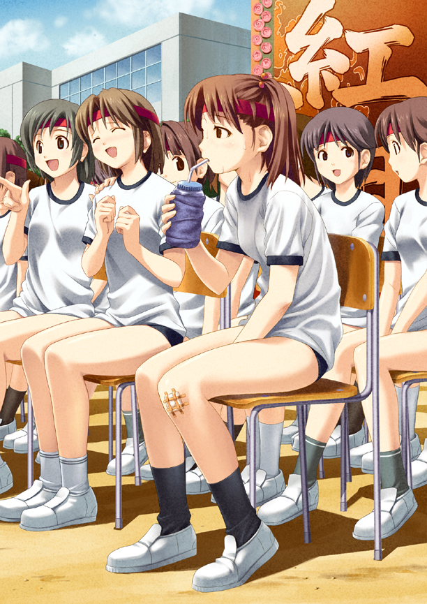 6+girls bandage buruma drink gym_uniform headband koutaro legs multiple_girls original straw sweat thighs