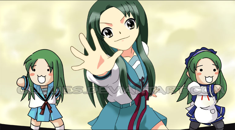 3girls :3 churuya dancing green_hair hands hare_hare_yukai hits long_hair maid multiple_girls nyoro~n parody queues school_uniform serafuku suzumiya_haruhi_no_yuuutsu tsuruya watermark