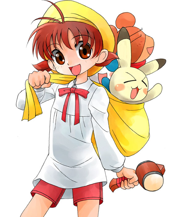 1girl ahoge animal_yokochou bear beret carrying child cute dong_woo gallop_(studio) gofu hat issa_(animal_yokochou) iyo_(animal_yokochou) kenta_(animal_yokochou) ky long_sleeves looking_at_viewer matsuzaki_ami neck_ribbon panda rabbit red_eyes redhead ribbon sack shirt shorts shueisha simple_background smile solo standing twintails