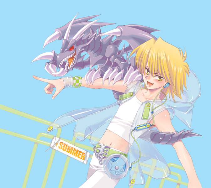 1boy blonde_hair claws dragon duel duel_monster earphones fang headphones jounouchi_katsuya male_focus midriff monster navel pointing red-eyes_b._dragon red-eyes_black_dragon red_eyes red_eyes_black_dragon red_eyes_toon_dragon solo yellow_eyes yu-gi-oh! yuu-gi-ou_duel_monsters