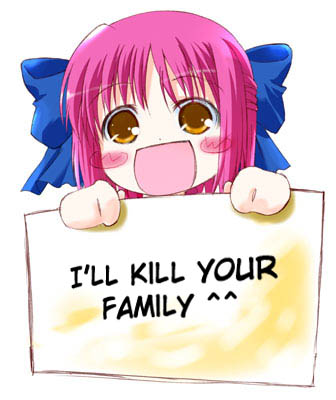 :d blush blush_stickers brown_eyes chibi happy hard_translated kohaku lowres macro open_mouth parody pink_hair sign smile translated tsukihime what yandere