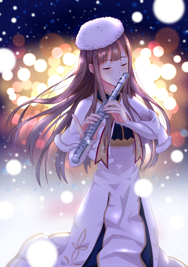 1girl blurry blush bokeh brown_hair capelet closed_eyes depth_of_field flute hat idolmaster idolmaster_cinderella_girls instrument long_hair mizumoto_yukari pinky_out smile solo toufuu winter_clothes