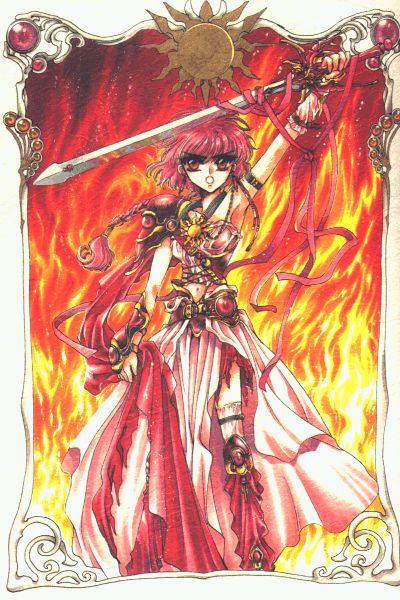 1girl 90s armor armored_dress braid clamp cover cover_page fire long_hair magic_knight_rayearth midriff official_art red red_background red_eyes redhead ribbon shidou_hikaru single_braid solo sun_(symbol) sword weapon