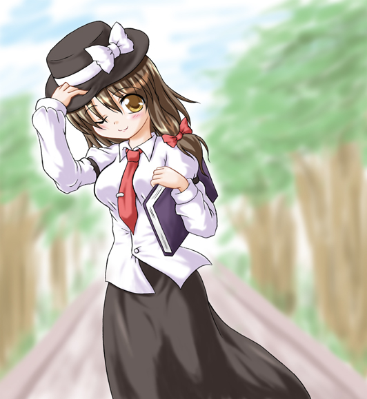 1girl alley black_skirt book bow breasts brown_eyes brown_hair cowboy_shot day fedora female ghostly_field_club hair_ribbon hat holding inasaki_shirau long_sleeves looking_at_viewer necktie outdoors plant red_necktie ribbon shirt skirt smile solo standing touhou tree usami_renko white_shirt wink yellow_eyes