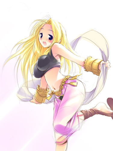1girl blonde_hair blush breasts dancer dancer_(fft) final_fantasy final_fantasy_tactics hima jewelry long_hair lots_of_jewelry lowres midriff open_mouth solo