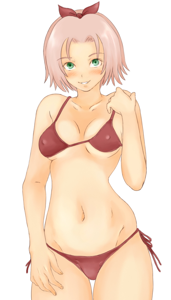 1girl bikini blush breasts cowboy_shot erect_nipples green_eyes haruno_sakura medium_breasts momo_765 naruto navel parted_lips pink_hair red_bikini ribbon rirakukan short_hair side-tie_bikini simple_background smile solo swimsuit thigh_gap white_background