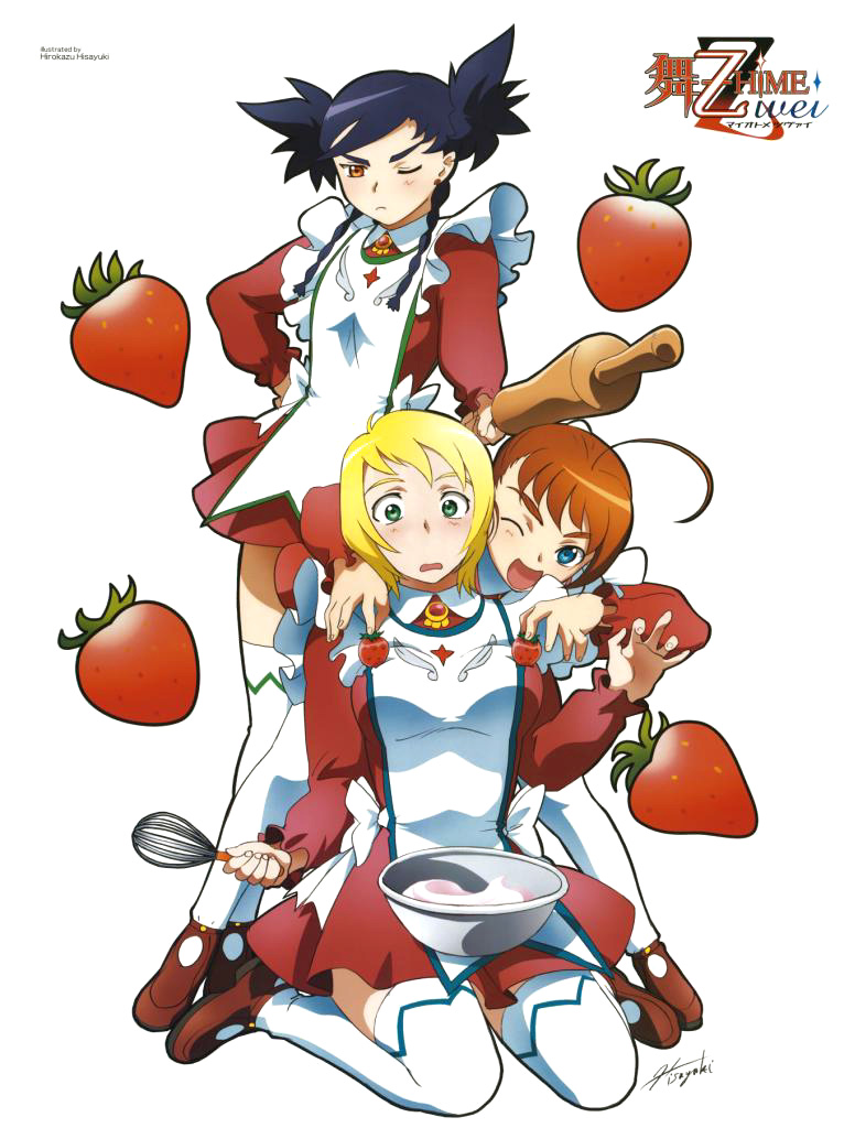 3girls arika_yumemiya blonde_hair cooking duplicate erstin_ho food fruit hisayuki_hirokazu multiple_girls my-otome nina_wang strawberry thigh-highs