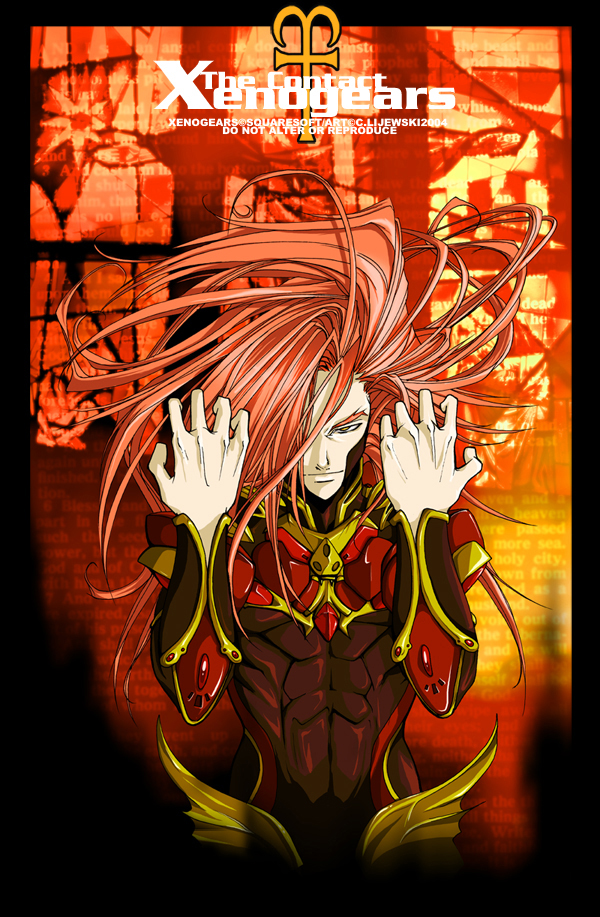 1boy armor arms_up bodysuit brown_eyes copyright_name expressionless fei_fong_wong floating_hair id id_(xenogears) long_hair looking_at_viewer male_focus muscle pink_eyes pink_hair redhead skin_tight solo spiky_hair upper_body wind xenogears