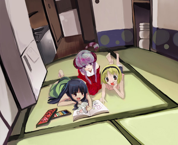 3girls blonde_hair blue_hair blush_stickers book brown_eyes cat_tail coloring crayon drawing dress floor furude_rika hakama hanyuu headband higurashi_no_naku_koro_ni horns houjou_satoko indoors japanese_clothes lavender_hair long_hair lying multiple_girls on_stomach open_mouth red_eyes room short_hair sitting smile sundress tail tatami very_long_hair