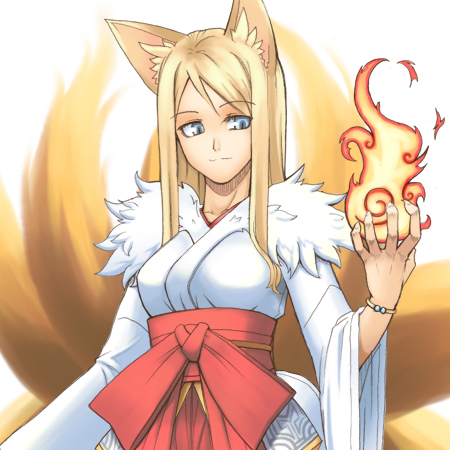 1girl animal_ears blonde_hair blue_eyes fire fox fox_ears fox_tail japanese_clothes jingai_modoki lowres miko multiple_tails original red_hakama solo tail