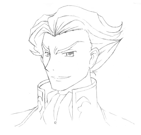 1boy code_geass eyebrows jeremiah_gottwald looking_at_viewer male_focus monochrome parted_lips portrait rodori_gesu simple_background sketch smile smirk solo thick_eyebrows upper_body white_background