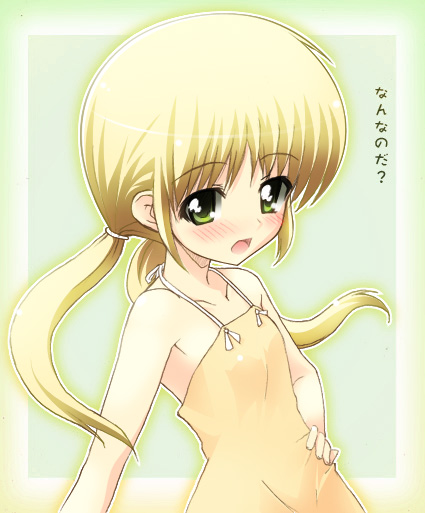 1girl blonde_hair blush dress green_background green_eyes halterneck hand_on_hip hayate_no_gotoku! open_mouth sanzen'in_nagi shiwo solo sundress twintails upper_body