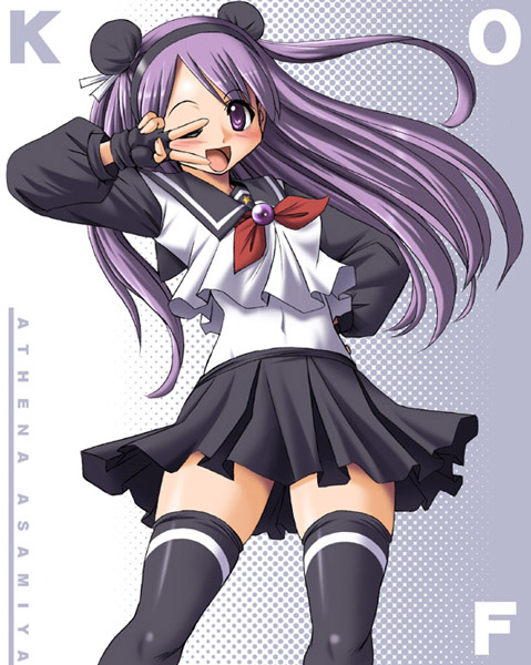 1girl asamiya_athena blush fingerless_gloves gloves hairband king_of_fighters long_hair miniskirt one_eye_closed open_mouth purple_hair school_uniform serafuku skirt smile snk solo the_king_of_fighters thigh-highs tonpuu violet_eyes wink zettai_ryouiki