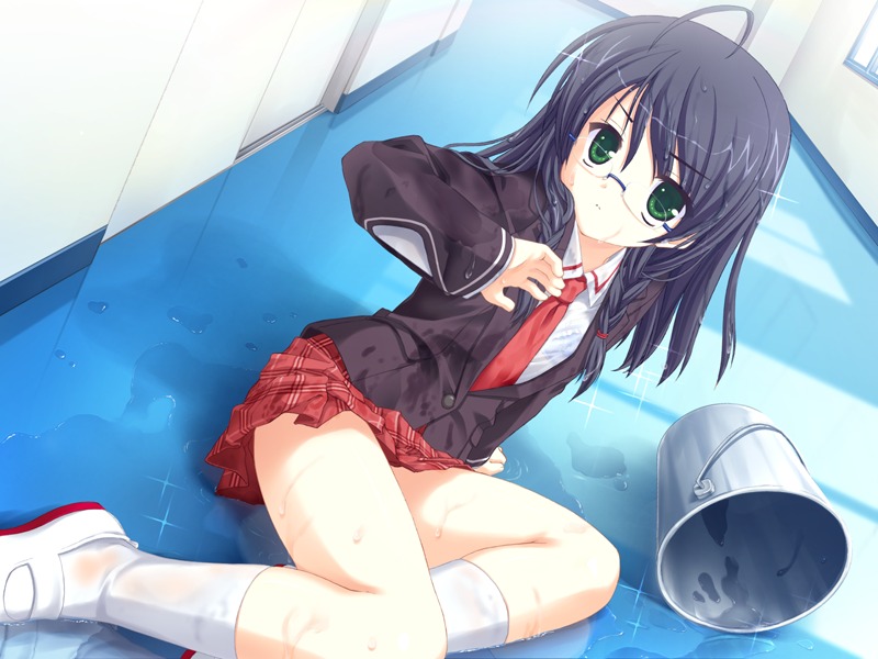 1girl bra-ban! game_cg glasses imamiya_noriko kobuichi school_uniform serafuku solo wet wet_clothes