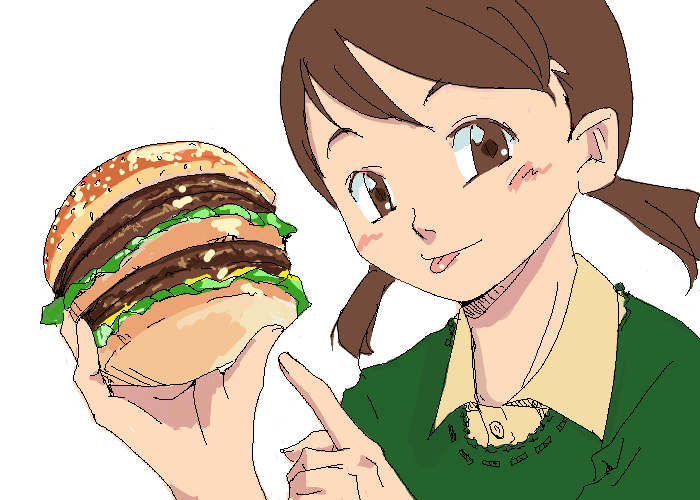1girl :p animal_ears blush brown_eyes brown_hair food green_shirt hamburger long_sleeves looking_at_viewer megamac oekaki original pointing salad shirt short_hair simple_background solo tongue tongue_out twintails upper_body white_background wolf_ears