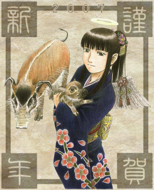 00s 1girl 2007 black_hair boar feathered_wings haibane_renmei hair_ornament halo holiday japanese_clothes kimono long_hair new_year obi reki sash wings yasunon