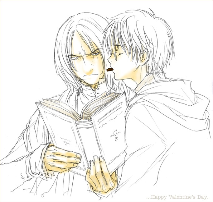 2boys annotated annoyed book chocolate harry_james_potter harry_potter long_sleeves male_focus monochrome mouth_hold multiple_boys open_book reading severus_snape simple_background spot_color upper_body valentine white_background yaoi yukipon