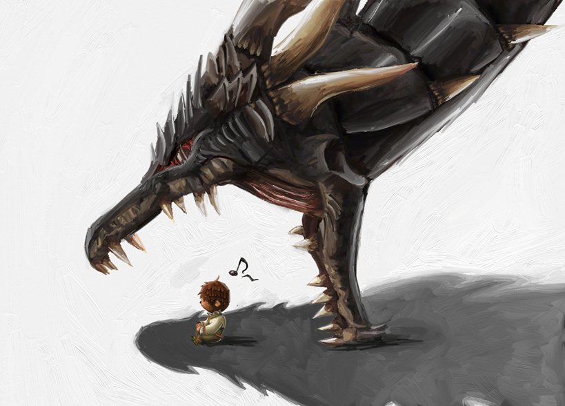 1boy bad_end brown_hair clueless dragon final_fantasy final_fantasy_xi grey_background horns musical_note open_mouth quaver red_eyes shadow simple_background sitting size_difference tarutaru teeth vrtra what white_background wyrm you_gonna_get_raped