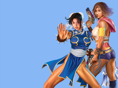 00s 2girls armband blue_background bracelet capcom china_dress chinese_clothes chun-li closed_mouth crossover double_bun dress female final_fantasy final_fantasy_x final_fantasy_x-2 gun holding holding_gun holding_weapon jewelry lowres multiple_girls pantyhose pelvic_curtain short_shorts shorts simple_background spiked_bracelet spikes square_enix street_fighter yuna yuna_(ff10)