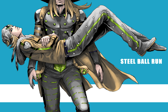 2boys blonde_hair cape copyright_name crossed_arms floating gyro_zeppeli hat johnny_joestar jojo_no_kimyou_na_bouken mahito_(tranjistor) male_focus multiple_boys star_(symbol) steel_ball_run tranjistor