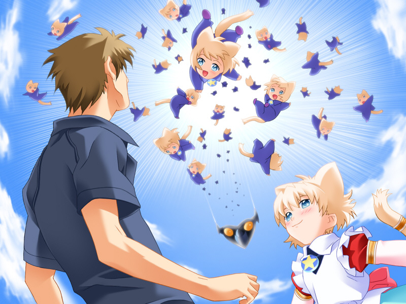 00s 0verflow 1boy 6+girls animal_ears cat cat_ears falling flying game_cg imouto_de_ikou! looking_up multiple_girls sky too_many too_many_cats what