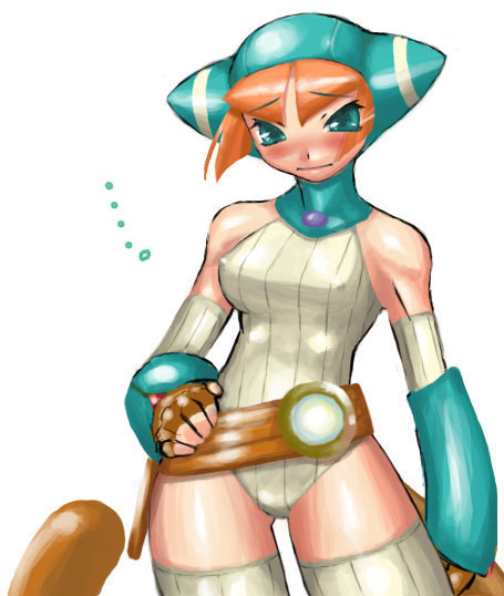 1girl animal_hood blush breath_of_fire breath_of_fire_v cat_hood cat_tail dr.p elbow_gloves gloves hood lin lin_(breath_of_fire) solo spandex tail thigh-highs