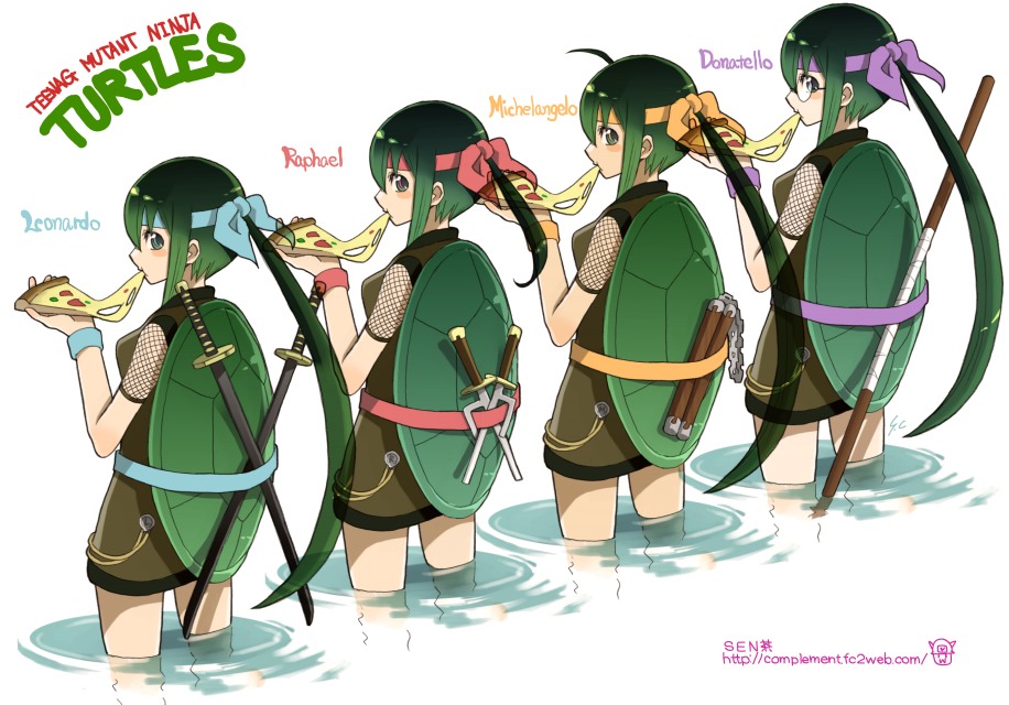 4girls bandanna belt bow chiba_sadoru donatello fishnets food genderswap glasses headband katana leonardo lineup michelangelo multiple_girls ninja nunchaku personification pizza raphael sai_(weapon) sencha shell staff sword teenage_mutant_ninja_turtles water weapon what