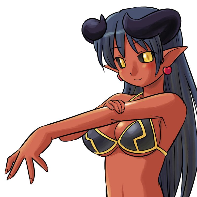 1girl abs arm_grab artist_request astaroth_(shinrabanshou) bare_shoulders bikini bikini_top black_sclera blue_hair blush breasts cleavage dark_skin demon_girl earrings exif_thumbnail_surprise female fingernails heart heart_earrings horns jewelry long_fingernails long_hair looking_at_viewer outstretched_arm pointy_ears red_skin shinrabanshou simple_background smile solo swimsuit tail upper_body white_background wings yellow_eyes