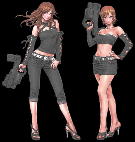 2girls bandeau bangs bare_shoulders belt belt_buckle black_background breasts brown_hair buckle capri_pants cleavage clothes_writing contrapposto criss-cross_halter cross-laced_clothes denim detached_sleeves female fingernails floating_hair full_body green_eyes gun halter_top halterneck hand_on_hip hand_on_own_thigh high_heels hips holding holding_weapon jeans large_breasts light_smile lipstick long_fingernails long_hair looking_at_viewer maeda_yumi makeup midriff miniskirt multicolored_eyes multiple_girls nail_polish navel open_shoes orange_eyes original pants parted_bangs pencil_skirt pink_nails purple_nails ribbon sandals science_fiction shoes short_hair simple_background skirt smile studded_belt takei_nao tight toes trigger_discipline weapon wild_flower yamashita_shun'ya yellow_eyes