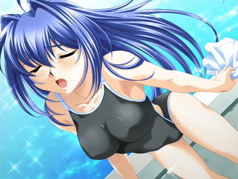 00s 1girl baka_ouji_persia blue_hair casual_one-piece_swimsuit closed_eyes competition_school_swimsuit dutch_angle game_cg hair_intakes hayase_mitsuki impossible_clothes impossible_swimsuit kimi_ga_nozomu_eien leaning_forward long_hair one-piece_swimsuit open_mouth pool solo sparkle swimsuit towel wallpaper wet