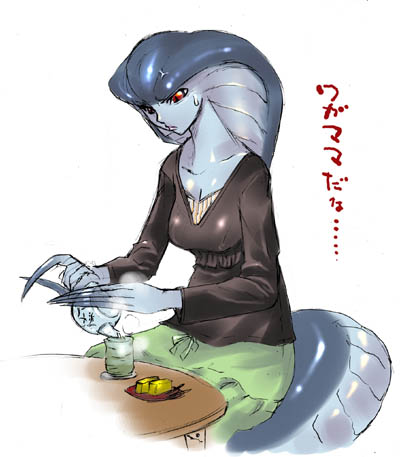 1girl blue_skin butter claws dress final_fantasy final_fantasy_xi lamia long_claws lowres monster_girl red_eyes scales simple_background solo tea translation_request