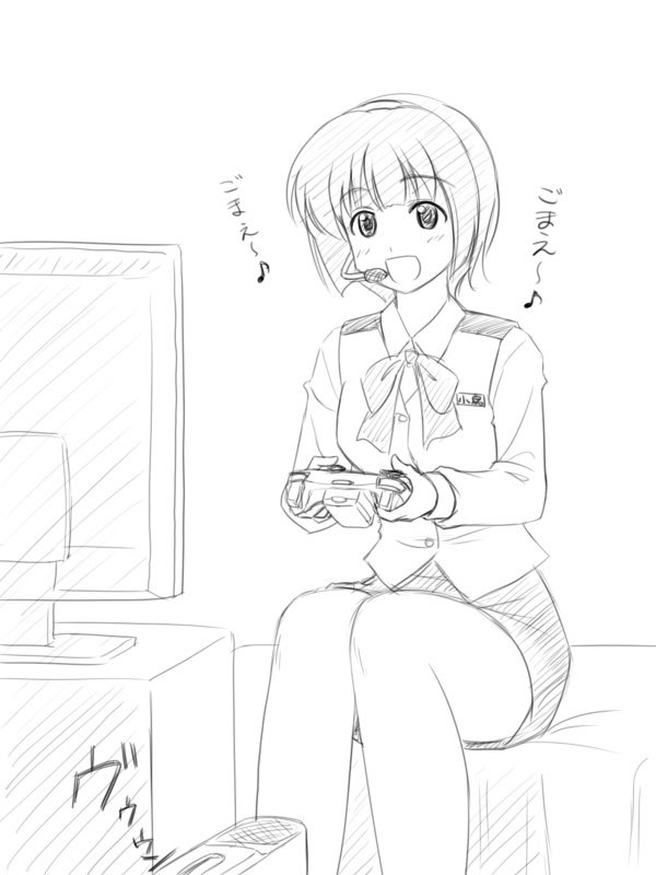 1girl game_console hagiwara_yukiho idolmaster masakichi_(crossroad) monochrome otonashi_kotori playing_games sketch solo video_game xbox_360